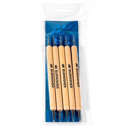 Five "AK Burnisher" tools -  with wooden handles and double-ended metal dotting tips -  in blister packaging