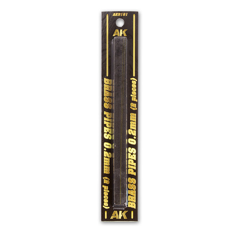 AK brand retail package containing two 0.2mm brass pipes for scale models.