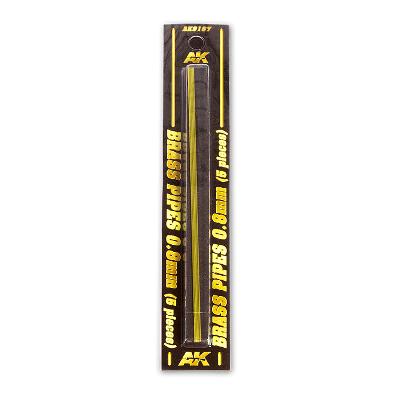 AK brand package containing five 0.8mm brass pipes for modeling.