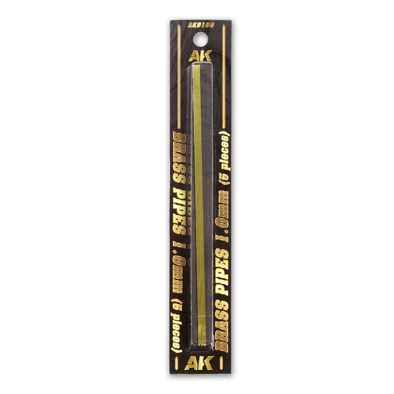 AK Brass Pipes 1.0mm (5 pieces) displayed in clear packaging on a dark card.