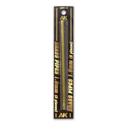 AK Brass Pipes 1.0mm (5 pieces) displayed in clear packaging on a dark card.