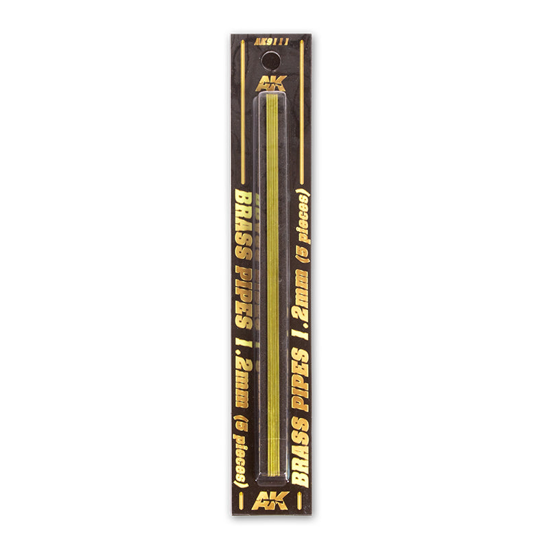 Five 1.2mm brass pipes in a black retail package, labeled "BRASS PIPES 1.2mm (5 pieces)".