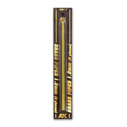 Five 1.2mm brass pipes in a black retail package, labeled "BRASS PIPES 1.2mm (5 pieces)".