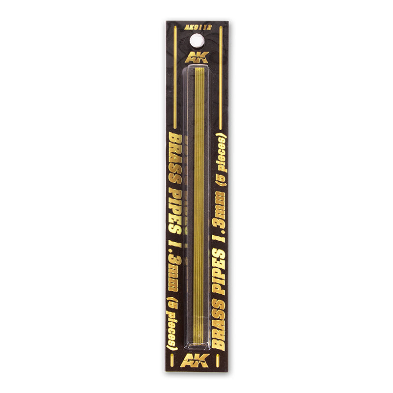 Black and gold AK package with five golden 1.3mm brass pipes, visible through clear plastic.
