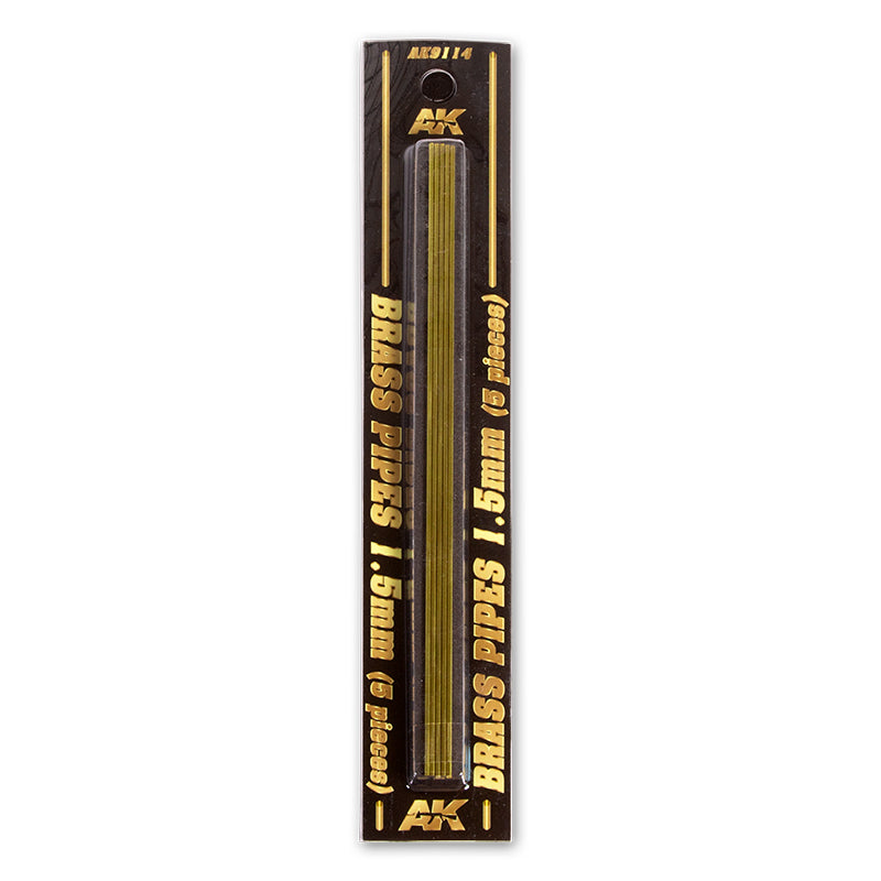 Five 1.5mm brass pipes in a clear package on a black card, with AK brand logo