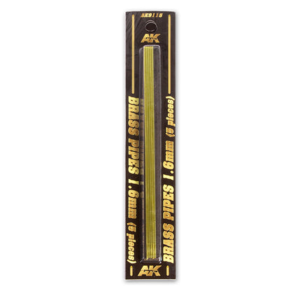 Five 1.6mm shiny brass pipes packaged in a long, black blister pack with "AK Brass Pipes" text.