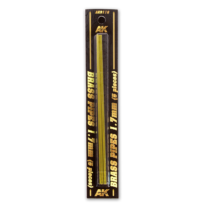 AK Brass Pipes 1.7mm (5 pieces) in black retail packaging with gold text, showing five thin brass rods.
