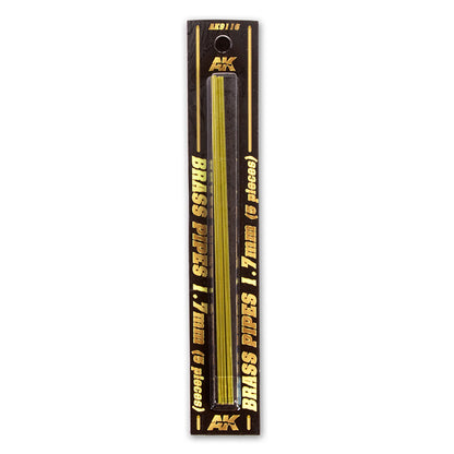 AK Brass Pipes 1.7mm (5 pieces) in black retail packaging with gold text, showing five thin brass rods.