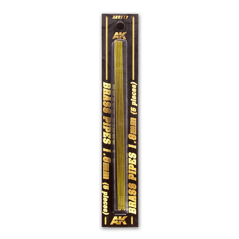 Black AK product package with five visible 1.8mm brass pipes. Gold text: 'BRASS PIPES 1.8mm (5 pieces)' and 'AK9117'.