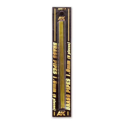 Black AK product package with five visible 1.8mm brass pipes. Gold text: 'BRASS PIPES 1.8mm (5 pieces)' and 'AK9117'.