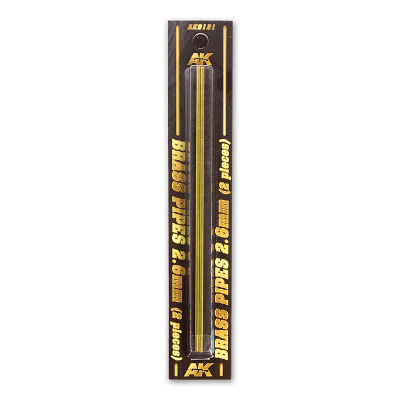 AK brand black packaging displays two 2.6mm brass pipes for model building.