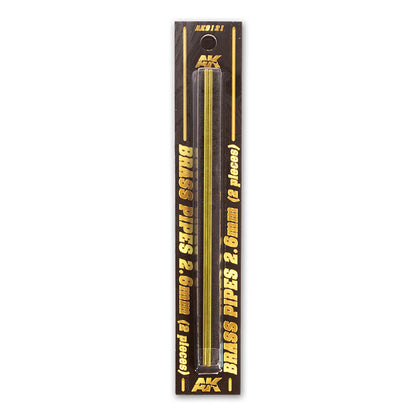 AK brand black packaging displays two 2.6mm brass pipes for model building.