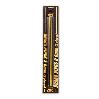 Two 2.8mm brass pipes displayed in vertical black retail packaging with a gold 'AK' logo and text.