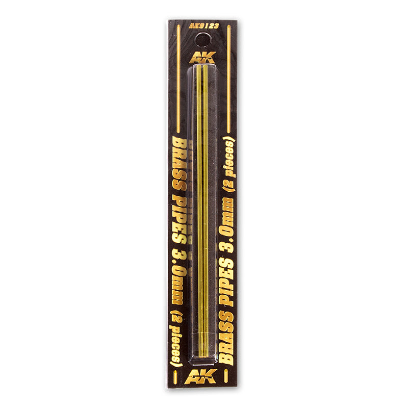 Two 3.0mm brass pipes by AK, in black blister packaging with gold text: "BRASS PIPES 3.0mm (2 pieces)".
