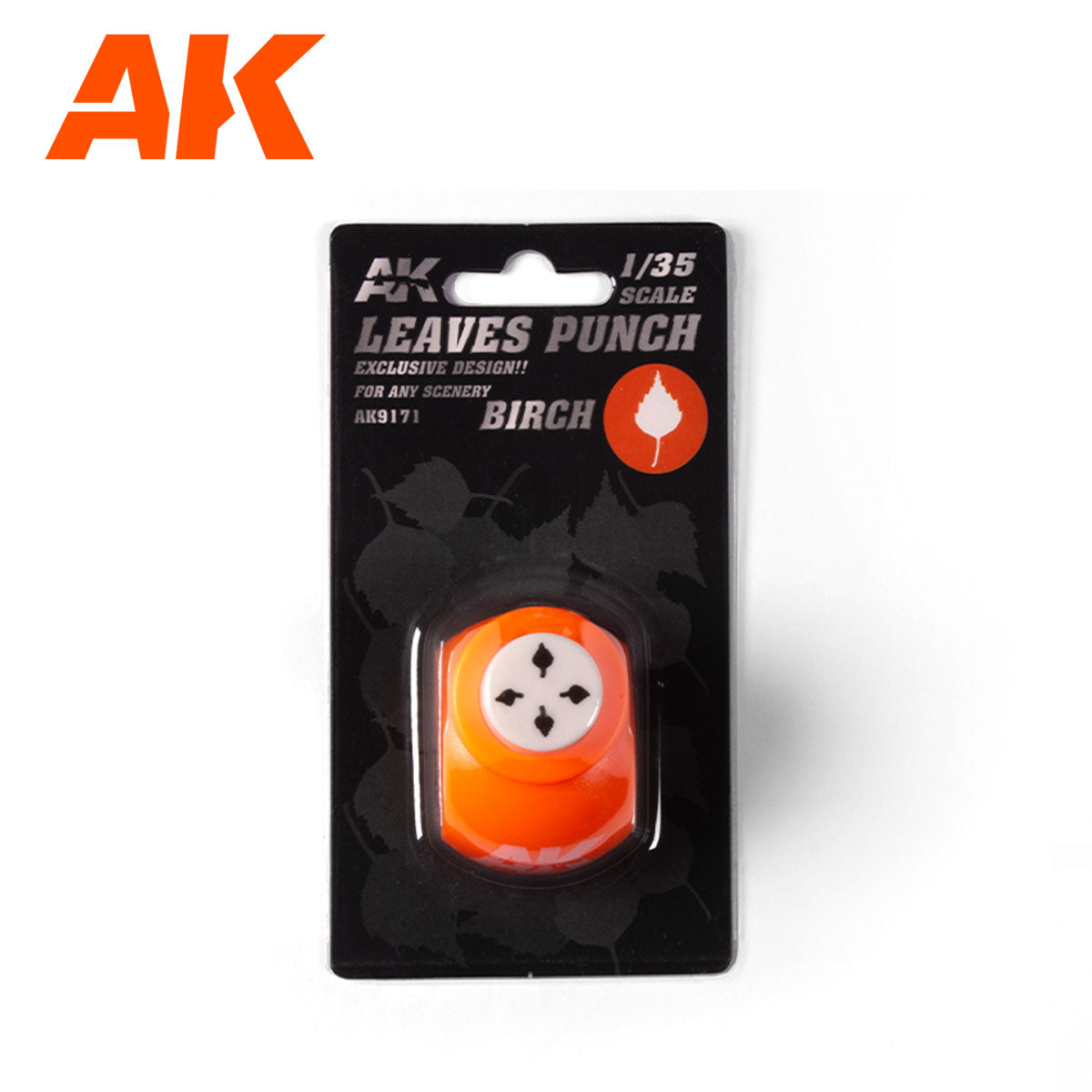 An orange Leaves Punch Birch tool for 1/35 scale is visible through its black and clear blister packaging, featuring a birch leaf icon