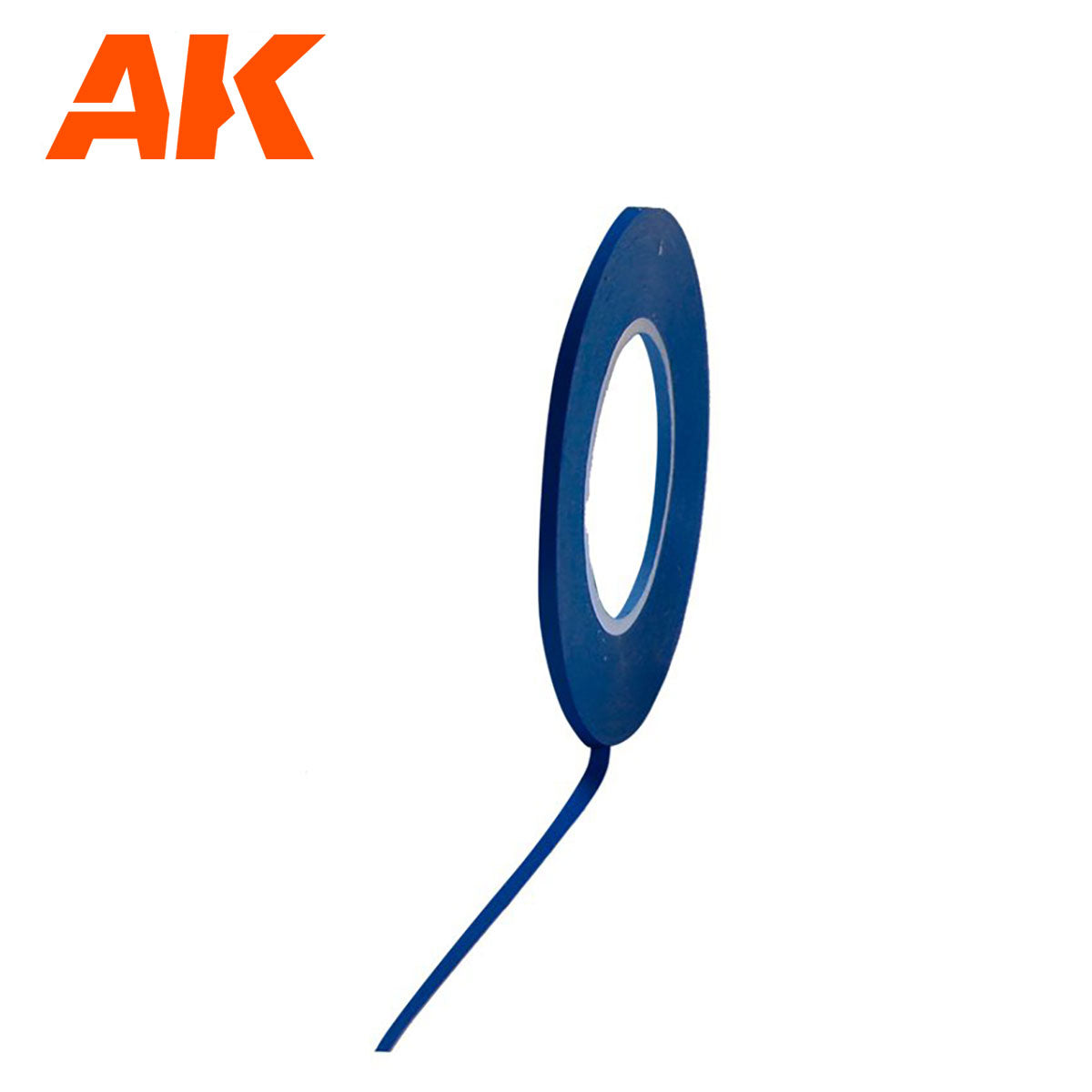 A roll of AK Interactive's thin blue detail masking tape stands upright on white -  a strip unrolling