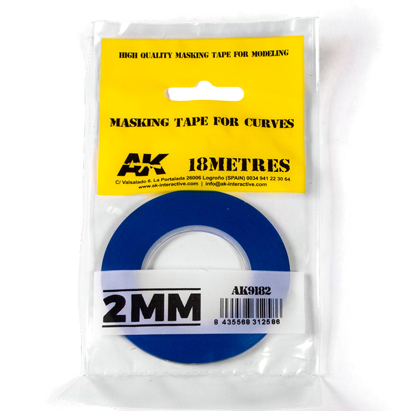 A roll of AK 2mm blue masking tape for modeling curves -  18 meters long -  in clear retail packaging with a yellow label