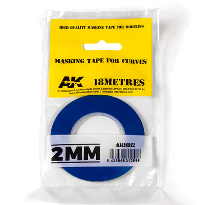 A roll of AK 2mm blue masking tape for modeling curves -  18 meters long -  in clear retail packaging with a yellow label