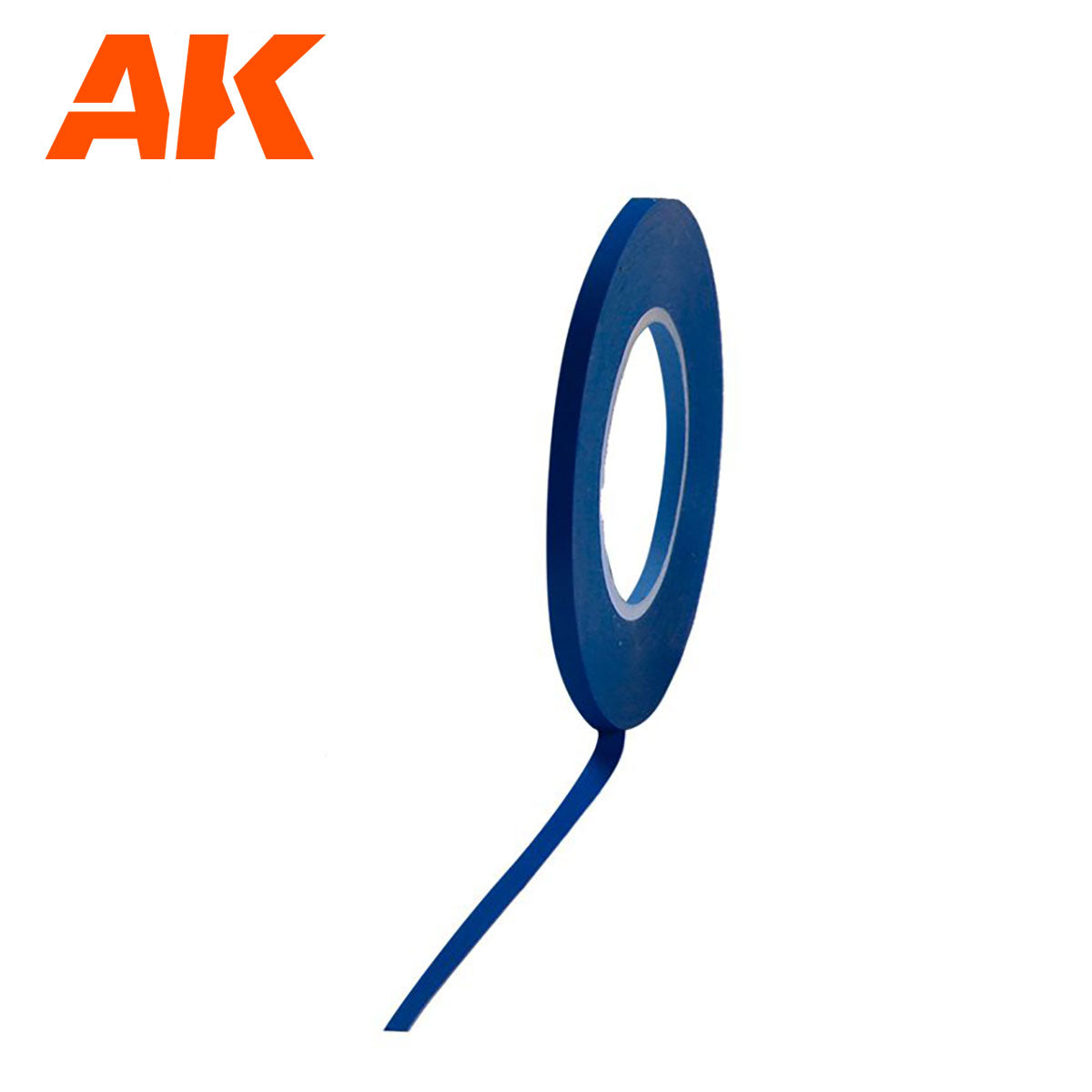 AK brand blue fine-line masking tape roll with a strip unrolling on a white background