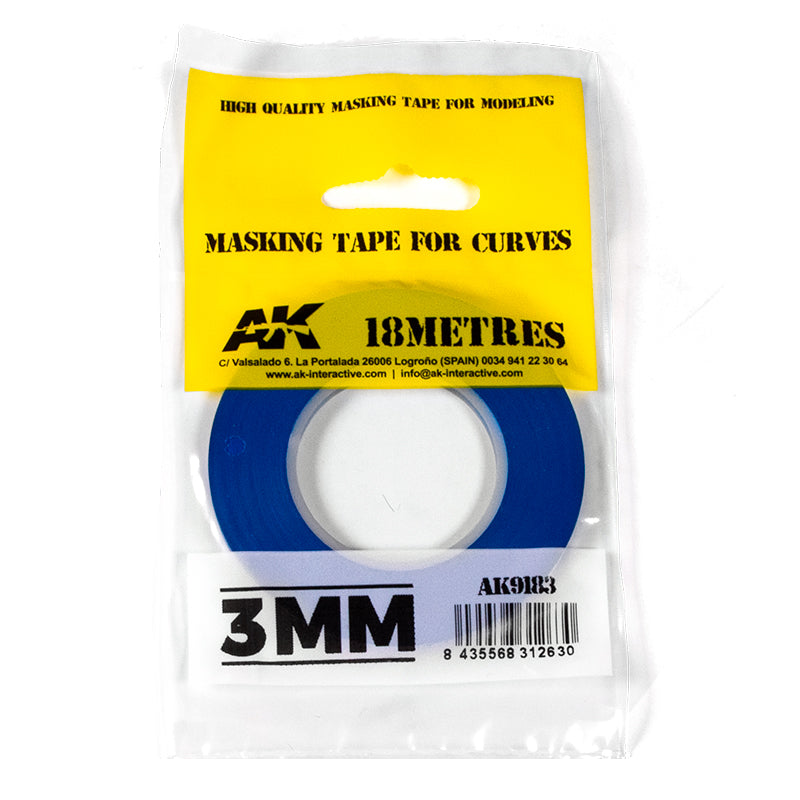 Blue 3mm AK masking tape for curves -  18 meters -  in clear plastic packaging with a yellow header