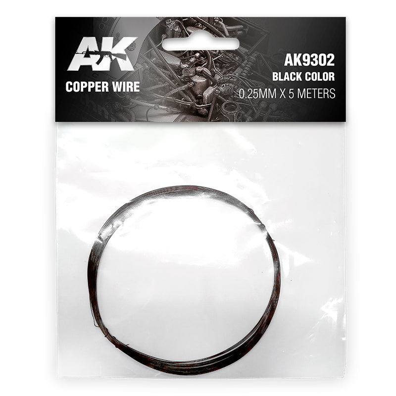 Coiled black copper wire -  0.25mm x 5m -  in an AK branded clear plastic package