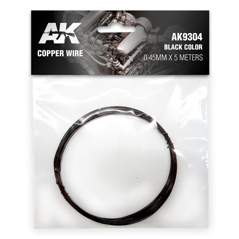AK black 0.45mm x 5m copper wire -  coiled in a clear package with an engine graphic on the header