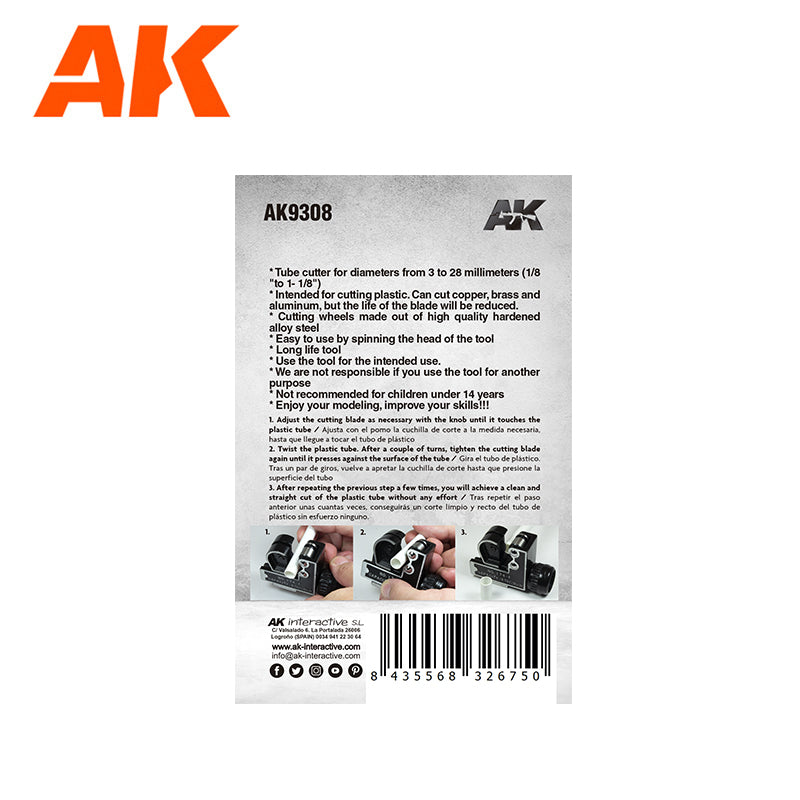 Product label for AK9308 tube cutter -  includes description and three images demonstrating cutting a plastic tube