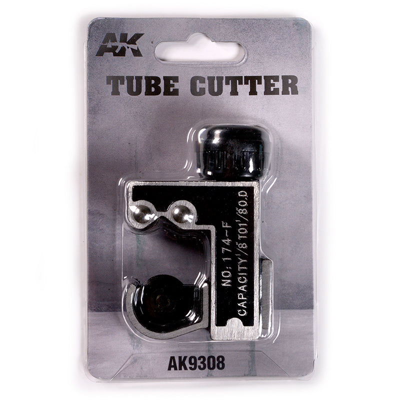 A black and silver AK Tube Cutter (AK9308) in sealed blister packaging
