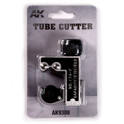 A black and silver AK Tube Cutter (AK9308) in sealed blister packaging