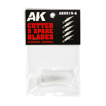 AK Cutter 5 Spare Blades package: black header illustrating diagonal blades -  clear bag holds a translucent blade case