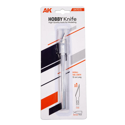 AK Hobby Knife: silver-handled modeling knife with sharp blade, packaged on a white card with orange and black graphics