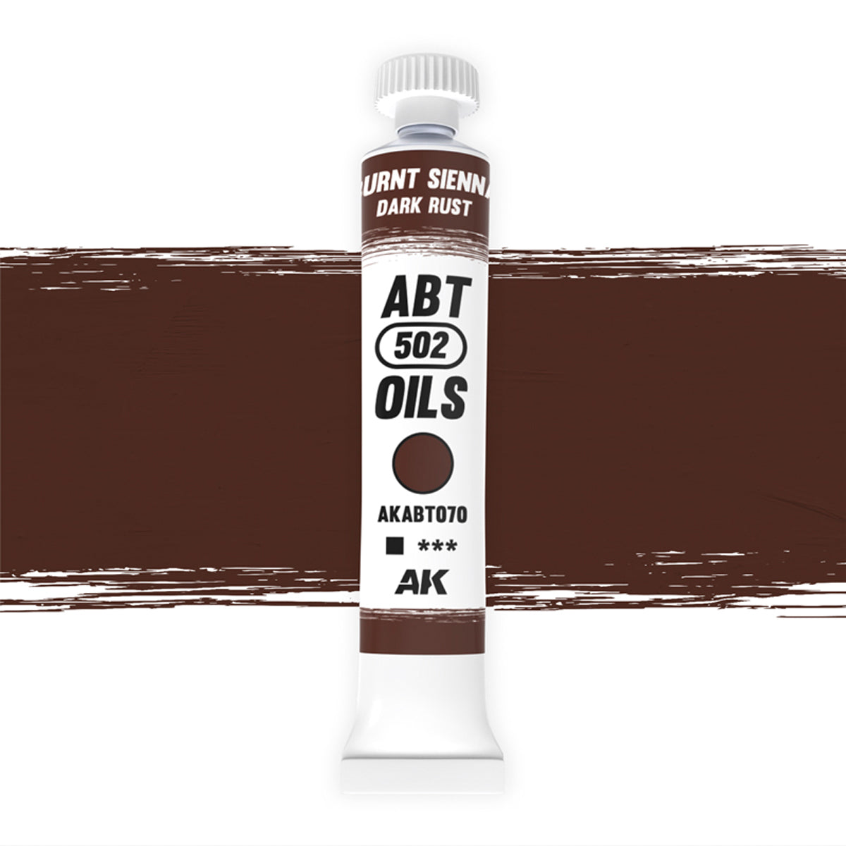 ABT 502 Burnt Sienna Dark Rust oil paint tube with a matching deep reddish-brown swatch