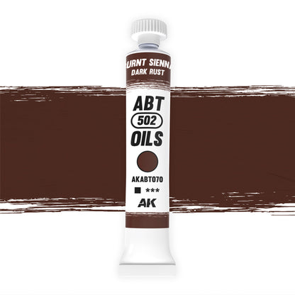 ABT 502 Burnt Sienna Dark Rust oil paint tube with a matching deep reddish-brown swatch