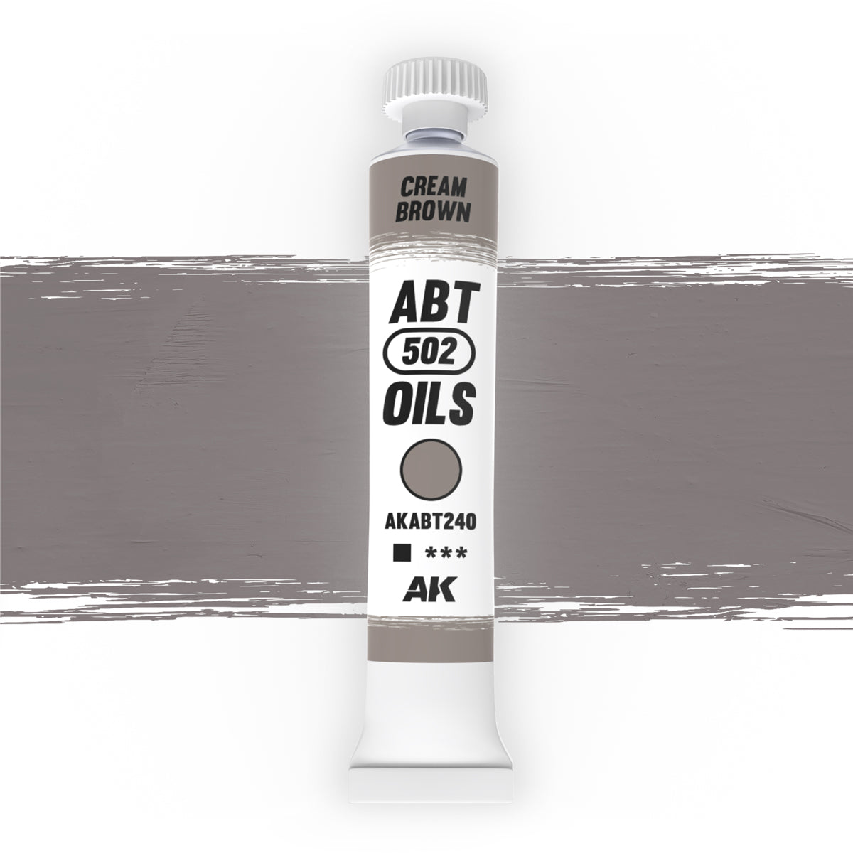 Cream Brown ABT 502 Oils paint tube with a horizontal brushstroke of the paint colour behind it