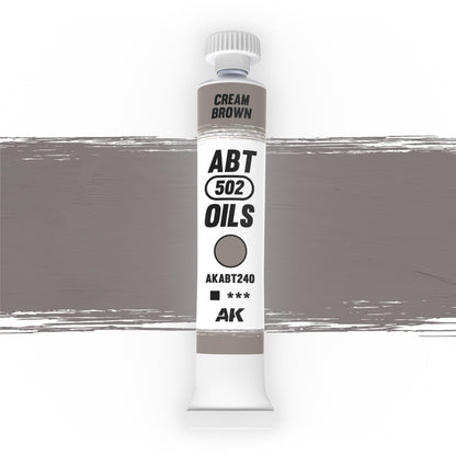 Cream Brown ABT 502 Oils paint tube with a horizontal brushstroke of the paint colour behind it