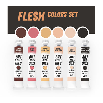 AKABT301 Flesh Colors Set featuring six oil paint tubes Flesh Shadow Faded Flesh Sunny Flesh Tone Basic Flesh Tone Light Flesh Tone and Kassel Earth Shadow Brown each labeled ABT 502 Oils and AK for scale model painting and miniature art projects