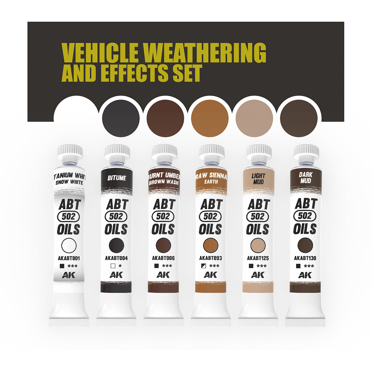 A Vehicle Weathering and Effects Set with six Abteilung 502 oil paint tubes in various mud, dirt, and earth tones