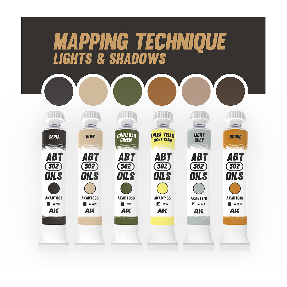 Six ABT 502 Oil Paint tubes showcasing a Mapping Technique Lights Shadows palette featuring Sepia Buff Cinnabar Green Naples Yellow Light Sand Light Grey and Ochre for realistic model painting and shading effects