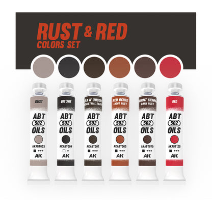 Six tubes of ABT 502 Oils from the "Rust & Red Colors Set," displaying various earth and red tones