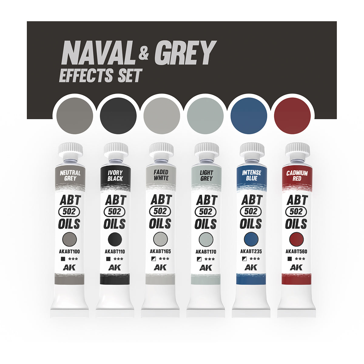 AKABT306 Naval and Grey Effects Set for scale models featuring six tubes of ABT 502 oil paints Neutral Grey Ivory Black Faded White Light Grey Intense Blue and Cadmium Red displayed with color swatches