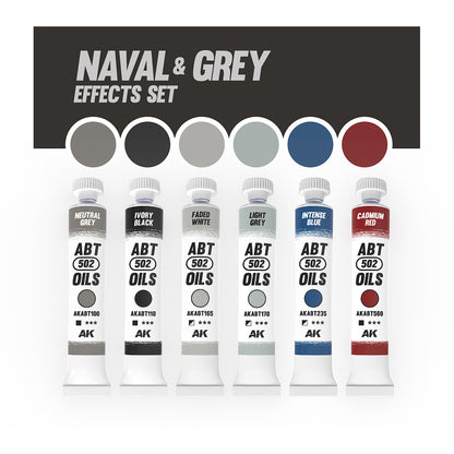 AKABT306 Naval and Grey Effects Set for scale models featuring six tubes of ABT 502 oil paints Neutral Grey Ivory Black Faded White Light Grey Intense Blue and Cadmium Red displayed with color swatches