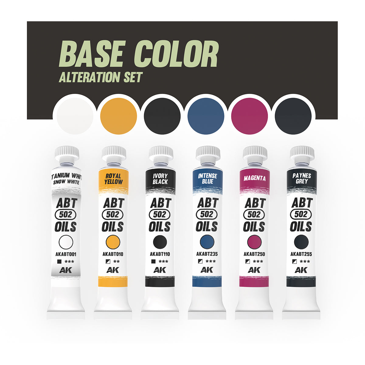 Six tubes of AK Interactive ABT 502 Oils paint featuring Titanium Snow White Royal Yellow Ivory Black Intense Blue Magenta and Paynes Grey colors designed for model alteration sets