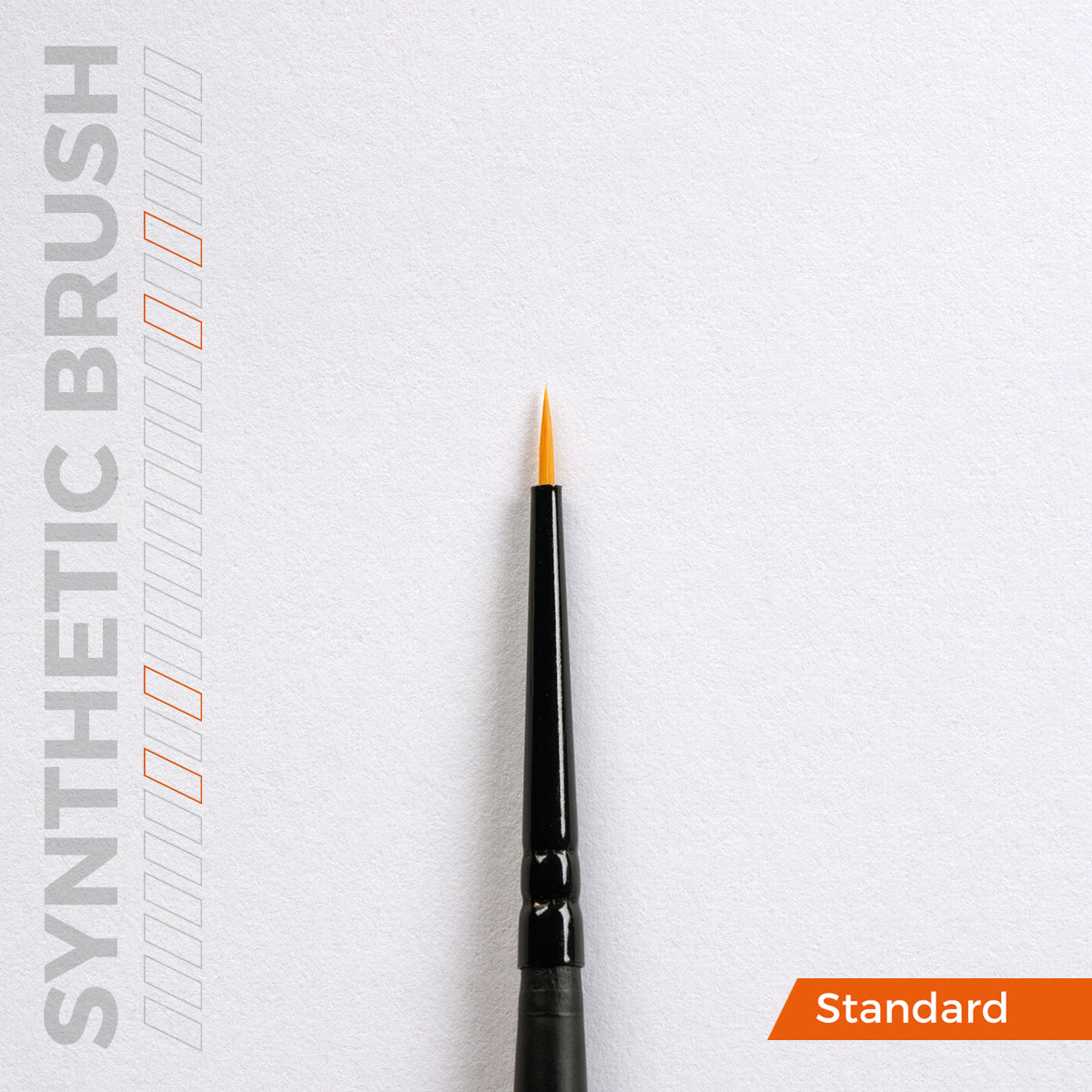 A single fine-tipped brush from the AK Interactive Precision Brushes 4-Pieces Set, with a black handle and orange bristles, on a white background with SYNTHETIC BRUSH text and Standard banner
