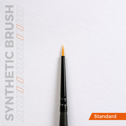 A single fine-tipped brush from the AK Interactive Precision Brushes 4-Pieces Set, with a black handle and orange bristles, on a white background with SYNTHETIC BRUSH text and Standard banner