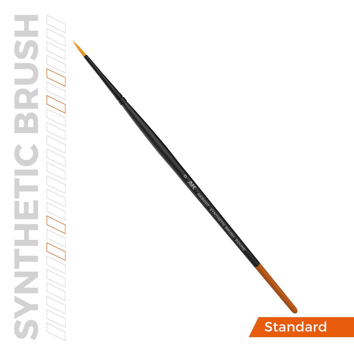 A black AK AKB007 synthetic round brush with an orange tip. Labeled 'SYNTHETIC BRUSH' and 'Standard'