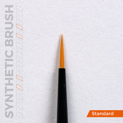 A close-up of a fine-tipped synthetic precision brush with a black handle and orange bristles on a white textured surface, alongside Synthetic Brush and Standard text