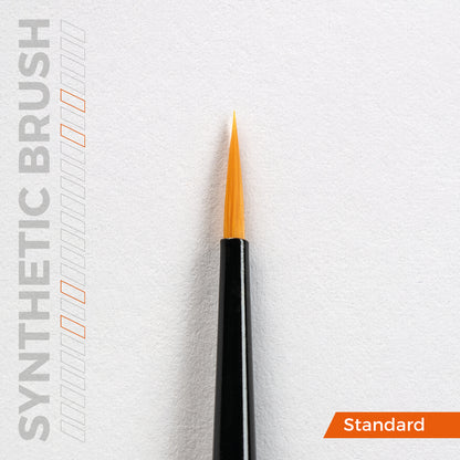 A close-up of a precision brush with a black handle and pointed orange synthetic bristles against a white textured background, with SYNTHETIC BRUSH and Standard text