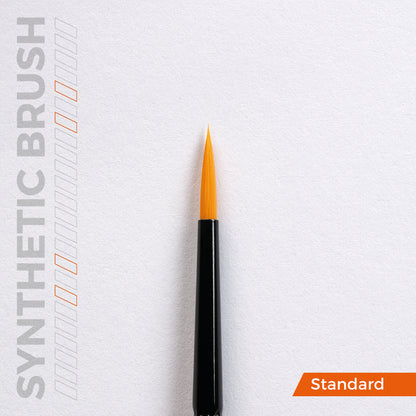 Close-up of a pointed synthetic paintbrush with orange bristles, black handle. Text: 'SYNTHETIC BRUSH' and 'Standard'