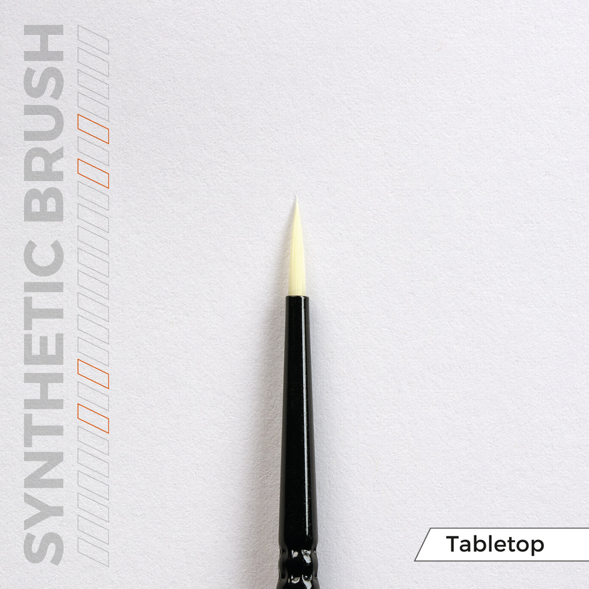 A synthetic brush with a black handle and light, pointed bristles stands on a textured white background