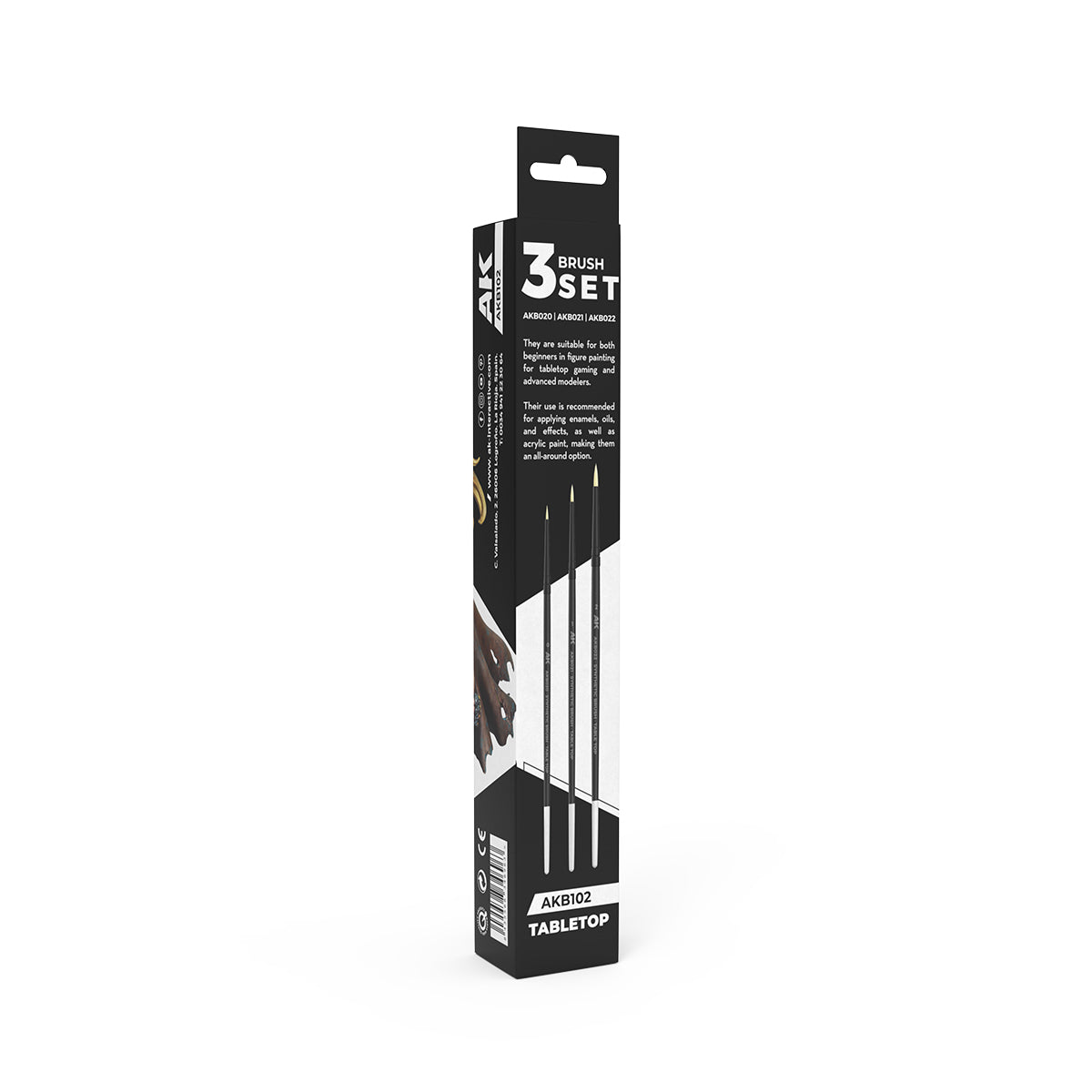 AK Interactive 3-brush set in black packaging for tabletop model painting, with visible brush tips